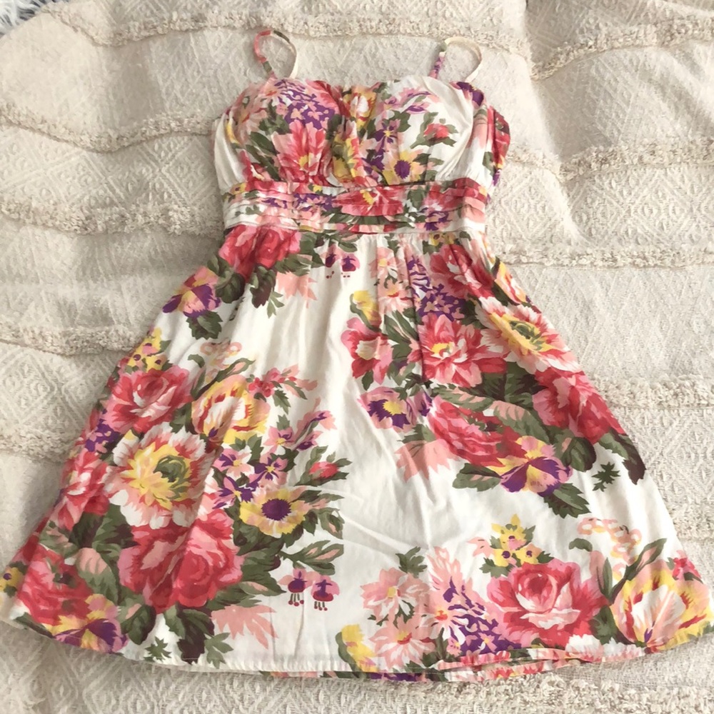 Pink yellow floral ruched bust shirred back dress